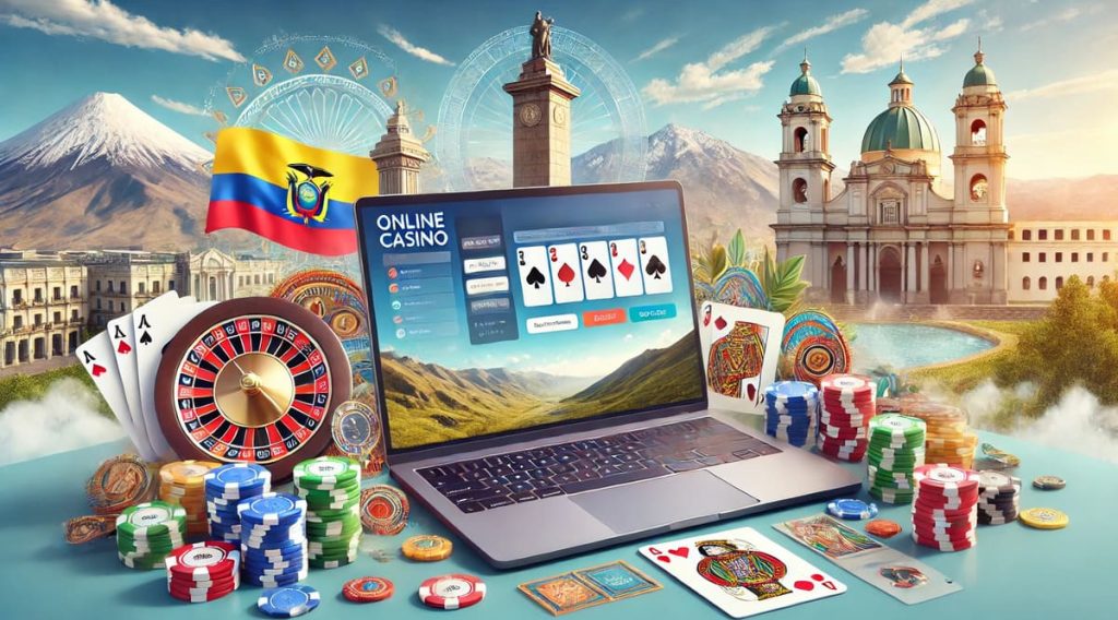 Casino online Ecuador imagen con cuaderno y símbolos nacionales.